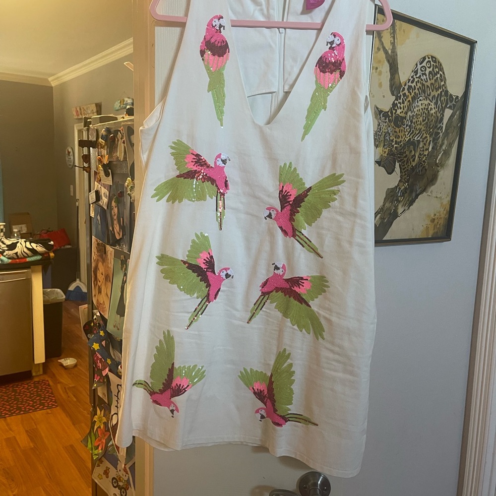 QUEEN OF SPARKLES White Mini Dress with Pink & Green Parrot Motif